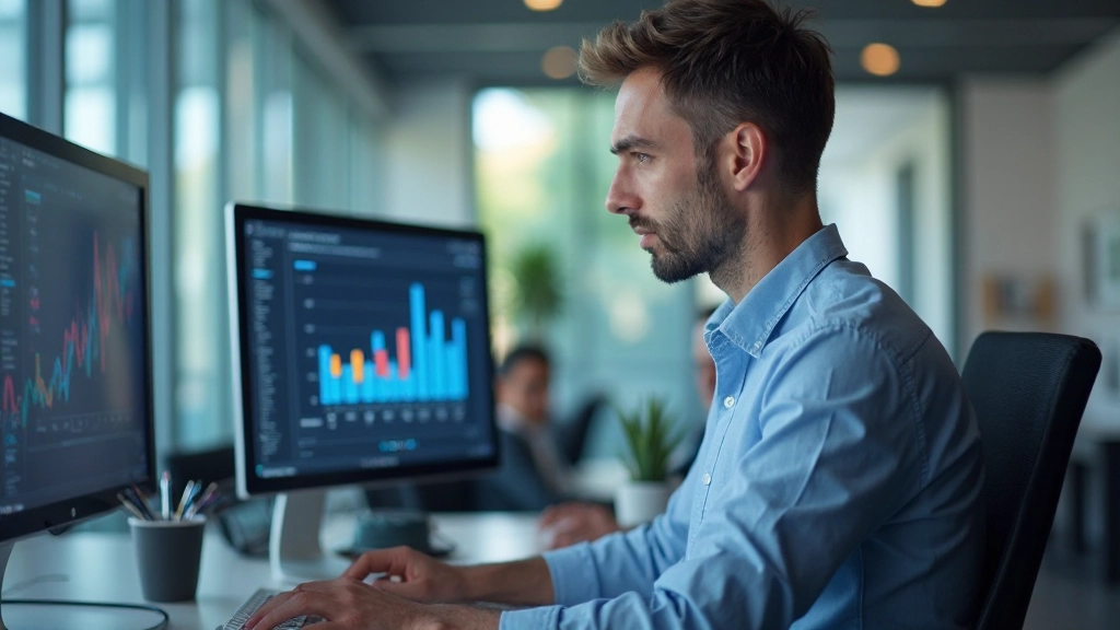 Аналитик изучает рыночные данные на компьютере, проводит анализ конкурентов в офисе