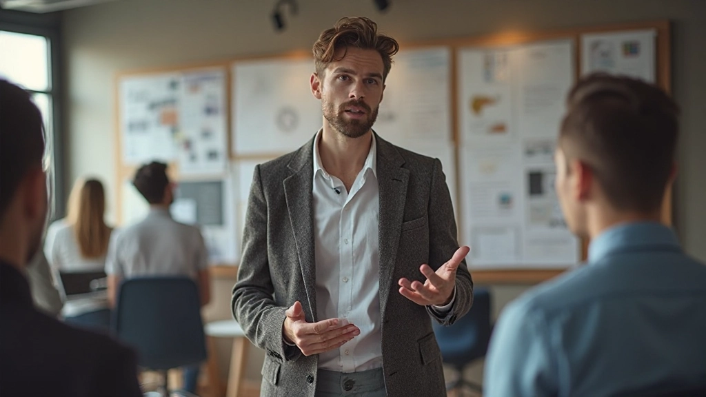 Дизайнер проводит встречу с командой, обсуждая концепцию и стратегию проекта веб-сайта