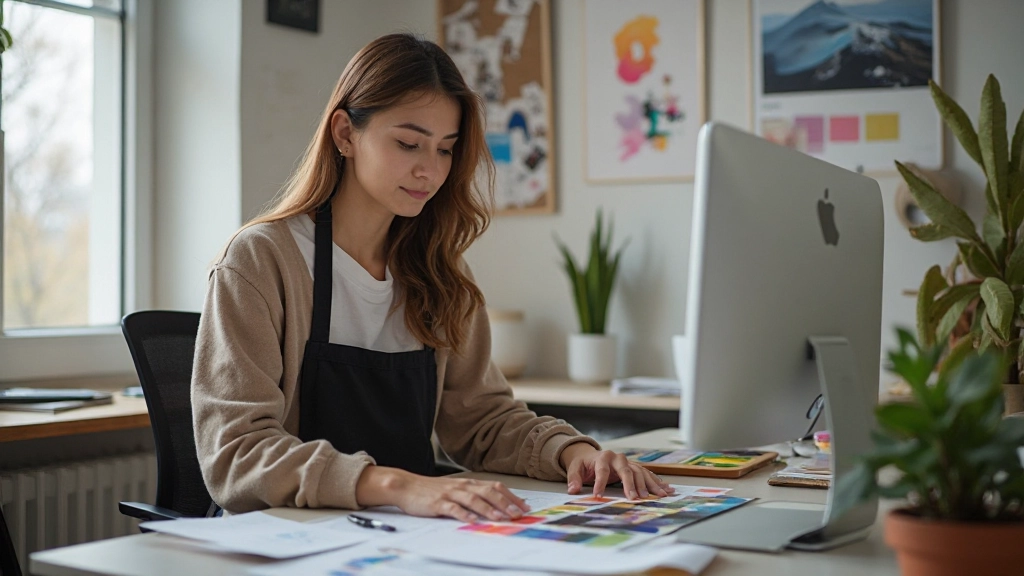 Графический дизайнер работает над цветовой палитрой и типографией, создает визуальную идентичность бренда